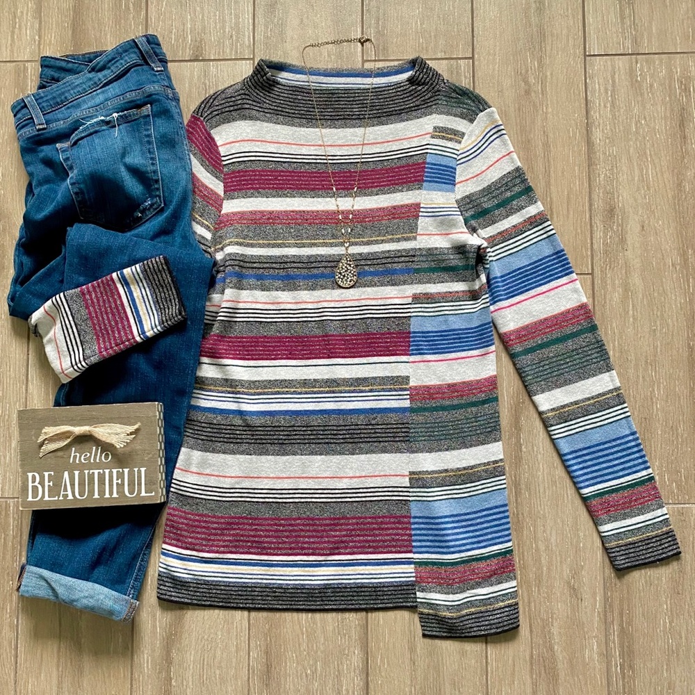 Nic + Zoe Assymetrical Stripe Sweater Boatneck Lightweight Mock Neck Tunic